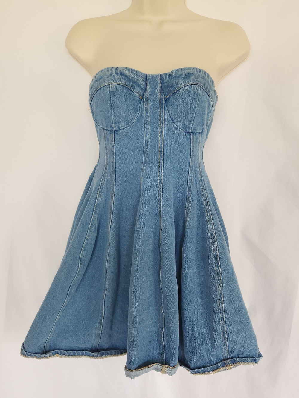 Blue Blush Denim Jean Strapless Mini Dress Corset Fit & Flare Y2K Festival S